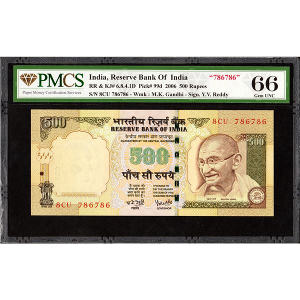 Fancy Number Signed by Y V Reddy of Five Hundred Rupees Banknote of Republic India of 2006.