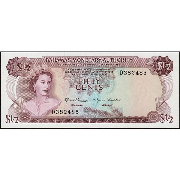 Fifty Cents Banknote of Queen Elizabeth II of Bahamas of 1968.