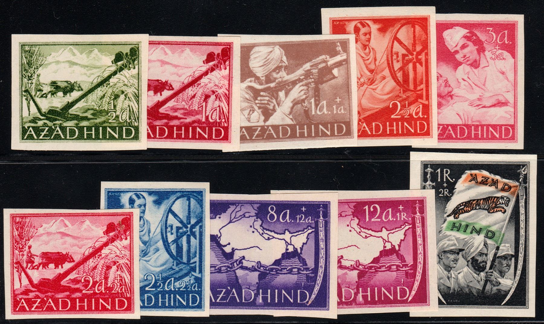 Azad Rind Set of 10 Azad Hind stamps of 1943.