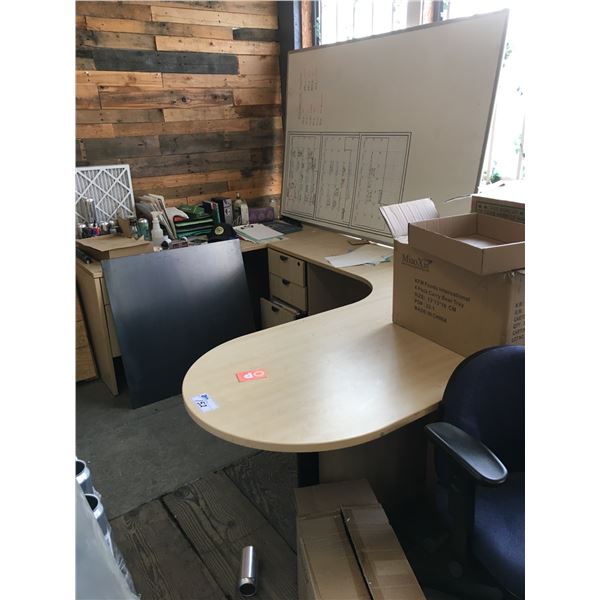 CONTENTS OF SHIPPER/RECEIVERS WORK AREA-SHELF UNIT, DESK, TABLE, BOXES OF LABELS, BENCHES, ETC