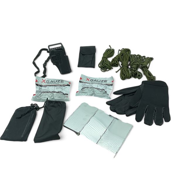 X-Gauze Bandage X 2, Paracord, 20' X 6, Holster for Glock G17/G22, Wind/ Fire Shield, Gloves Size Lg