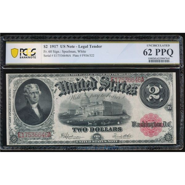 1917 $2 Legal Tender Note PCGS 62PPQ