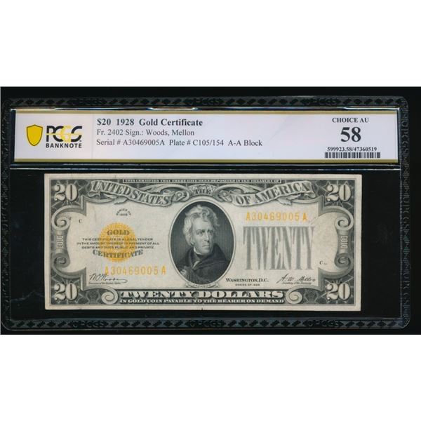 1928 $20 Gold Certificate PCGS 58