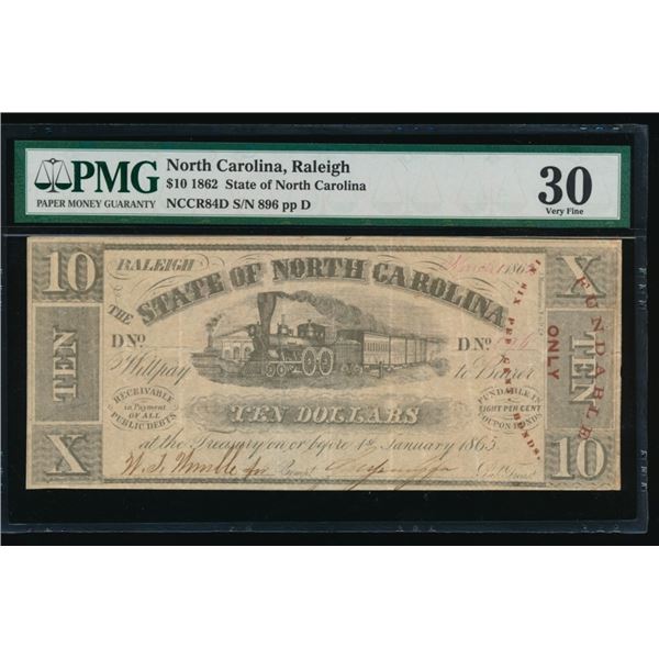 1862 $10 Raleigh NC Obsolete PMG 30