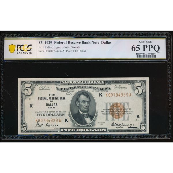 1929 $5 Dallas FRBN PCGS 65PPQ