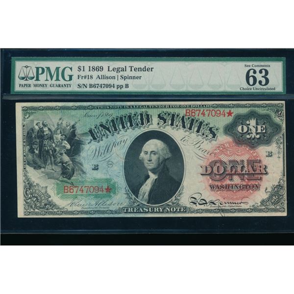 1869 $1 Rainbow Legal Tender Note PMG 63