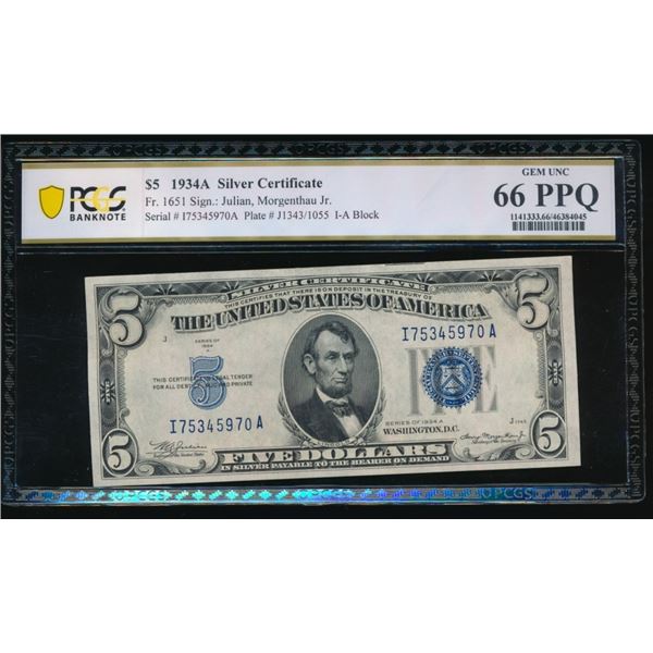 1934A $5 Silver Certificate PCGS 66PPQ