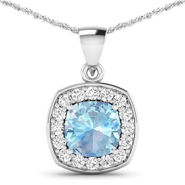 14KT White Gold 1.70ct Aquamarine and Diamond Pendant with Chain