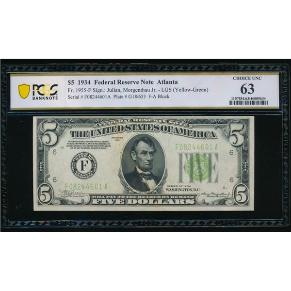 1934 $5 Atlanta FRN PCGS 63