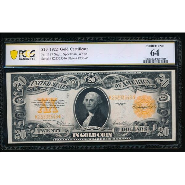 1922 $20 Gold Certificate PCGS 64