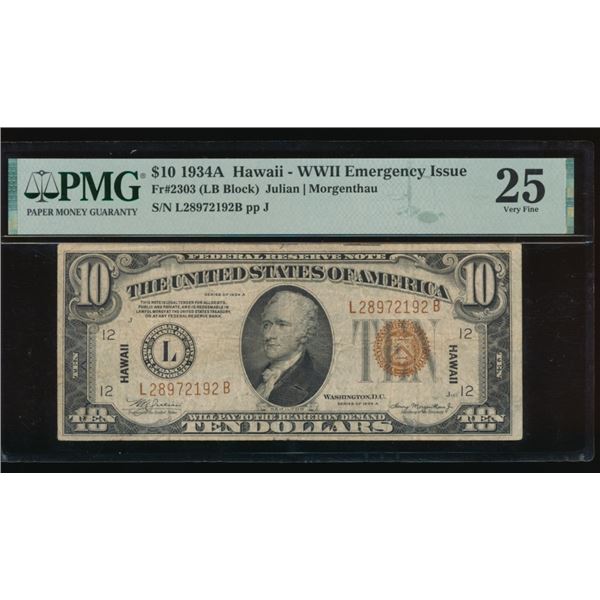 1934A $10 Hawaii FRN PMG 25