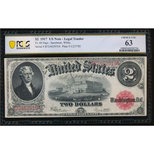 1917 $2 Legal Tender Note PCGS 63