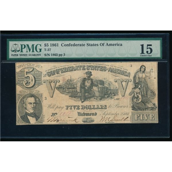 1861 $5 T-37 Confederate PMG 15