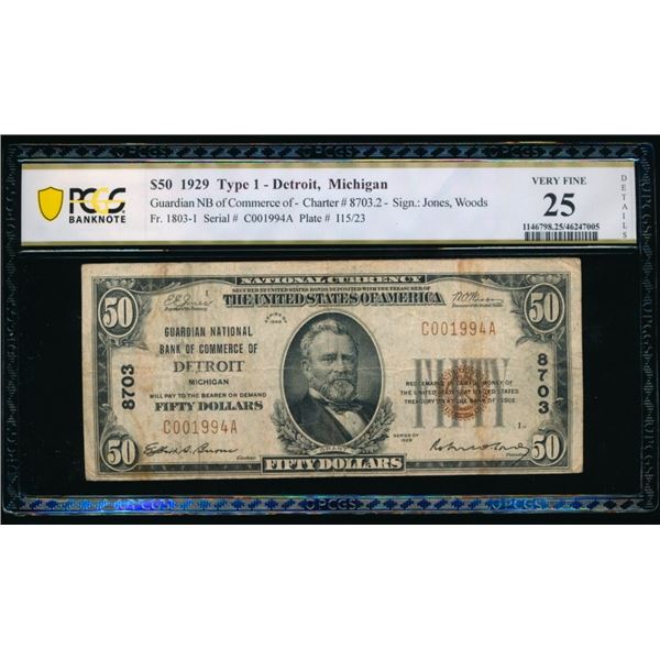 1929 $50 Detroit MI National PCGS 25