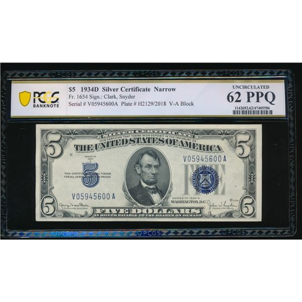 1934D $5 Silver Certificate PCGS 62PPQ