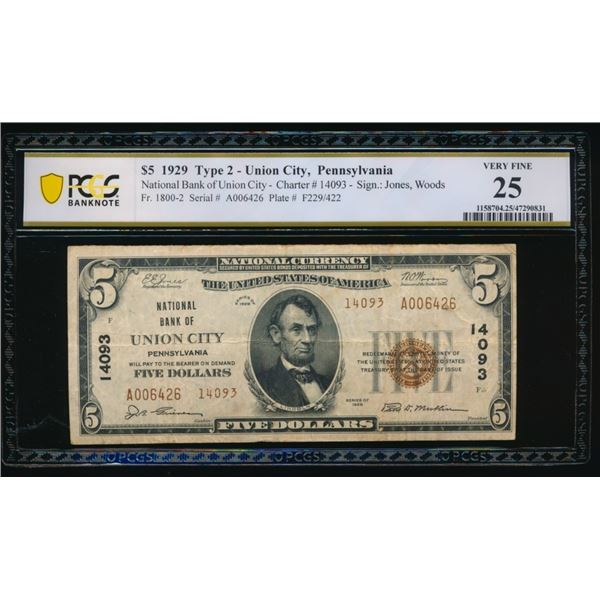 1929 $5 Union City PA National PCGS 25
