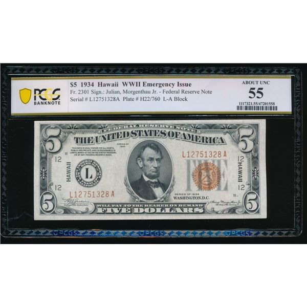 1934 $5 Hawaii FRN PCGS 55