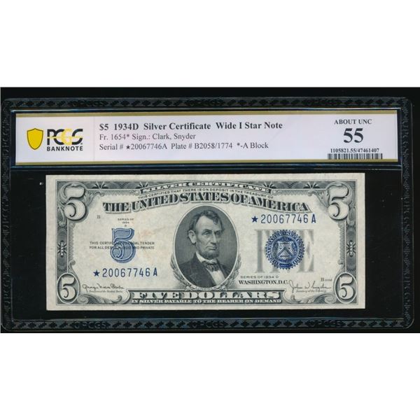 1934D $5 STAR Silver Certificate PCGS 55