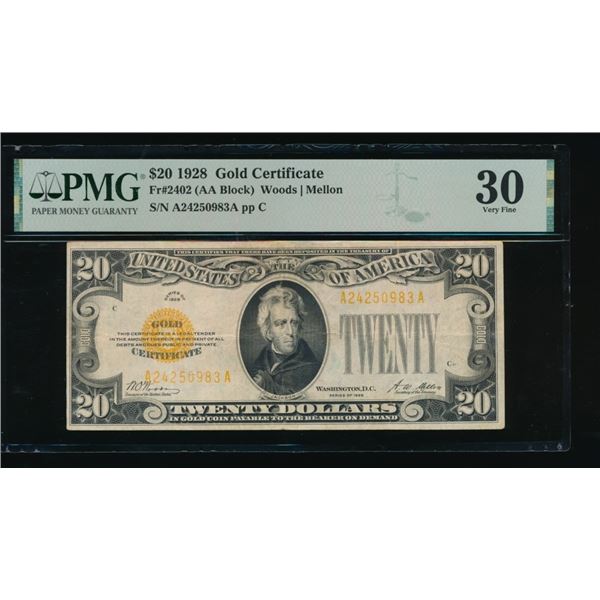 1928 $20 Gold Certificate PCGS 30