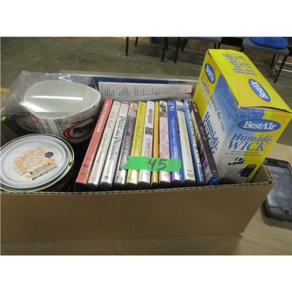 BOX C/W DVD'S, HUMIDIFIER, PAINT, FONDUE SET, ETC
