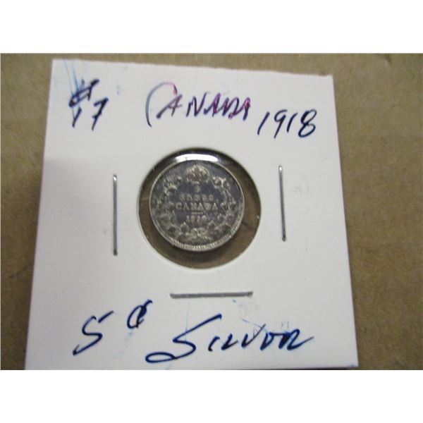 1918 CANADA KING GEORGE V SILVER FIVE CENT