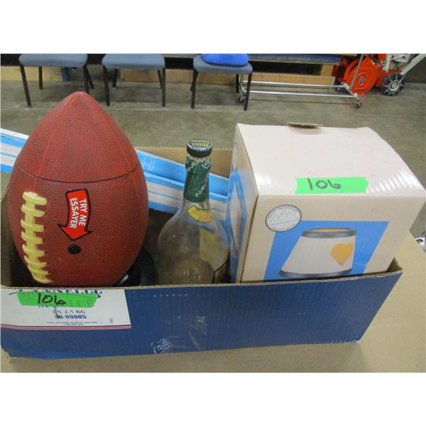 BOX C/W MUSICAL FOOTBALL, LAMP, LITE BULBS, ETC