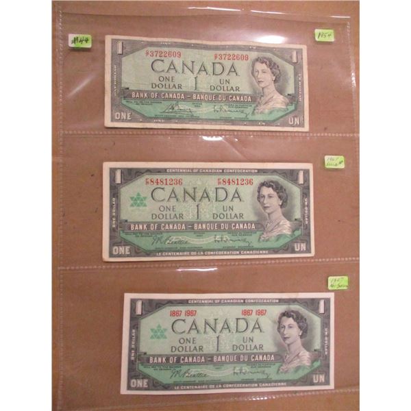 1954, 1967 SERIAL NUMBER, 1967 NO SERIAL NUMBER LAST OF CANADA $1 BILLS
