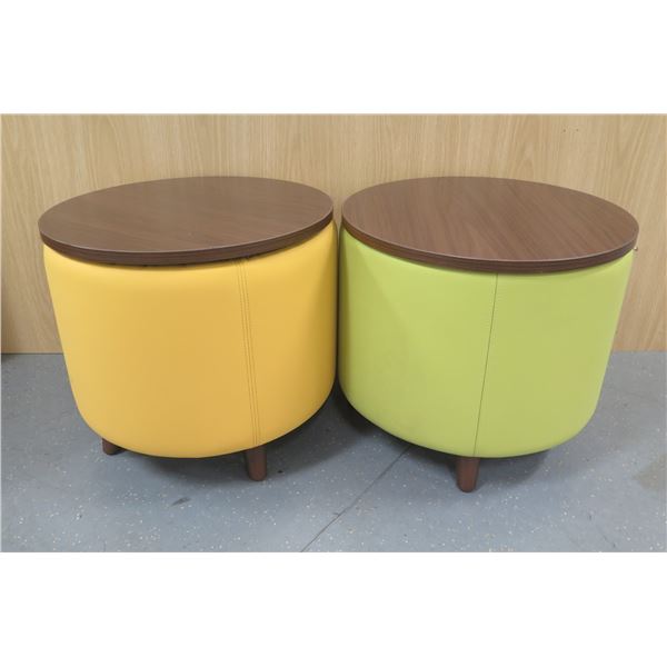 Qty 2 Kimball Joelle Ottomans w/ Veneer Tops 20" dia, 17"H (tops needs repair/broken pins)