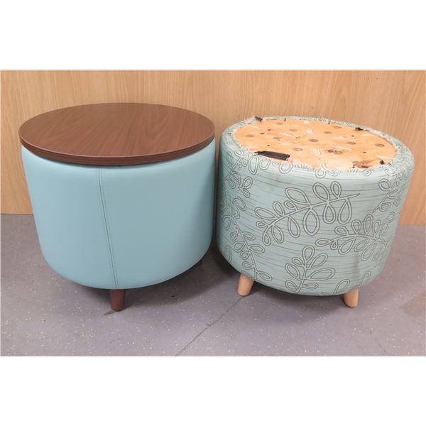 Qty 2 Kimball Joelle Ottomans w/ 1 Veneer Top 20" dia, 17"H (top needs repair/broken pins)
