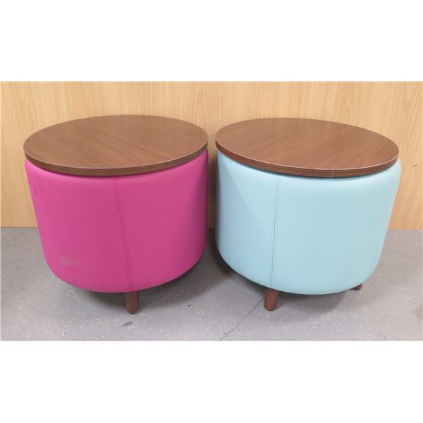 Qty 2 Kimball Joelle Ottomans w/ Veneer Tops 20" dia, 17"H (tops needs repair/broken pins)