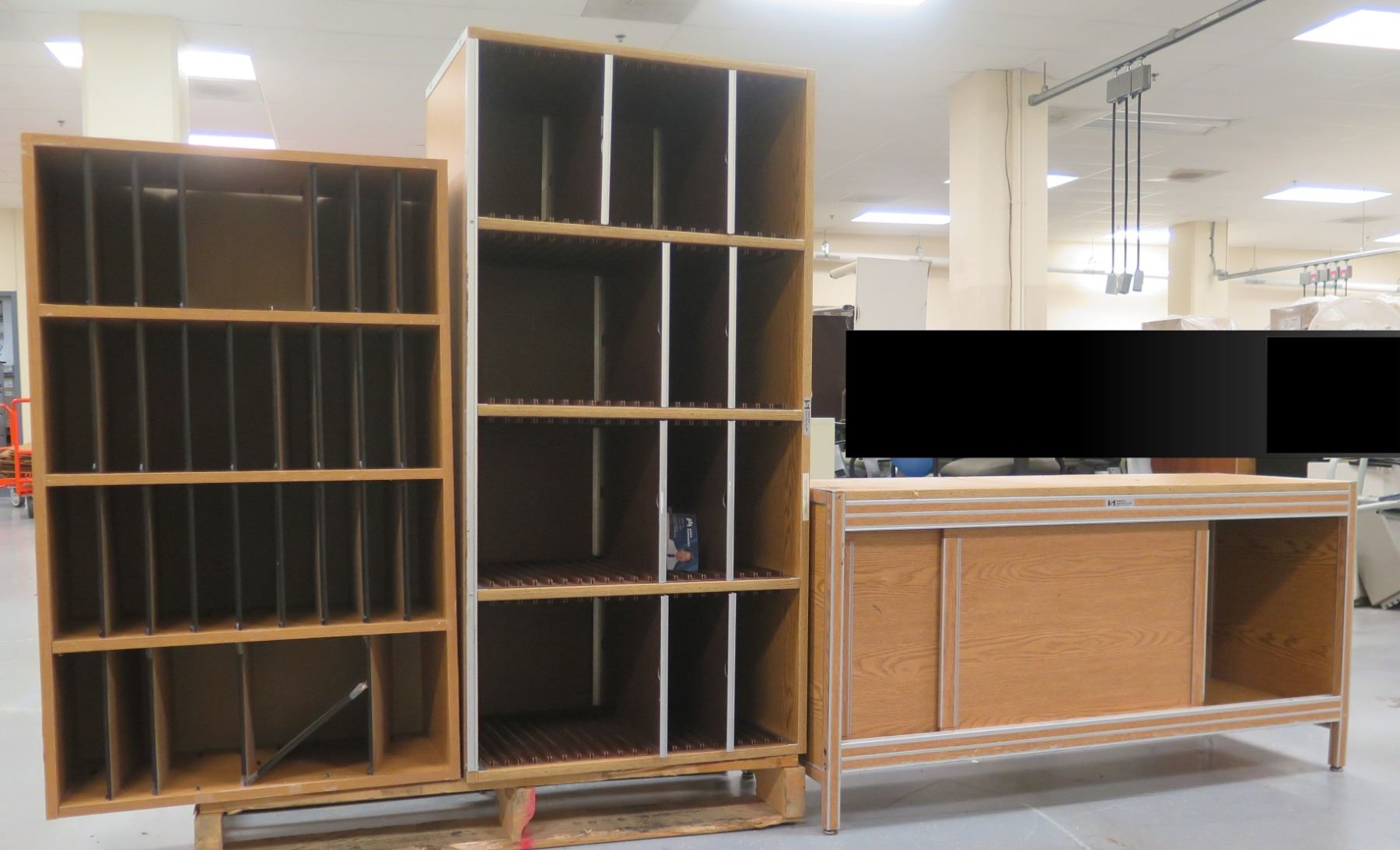 Qty 2 Wooden Organizer Open-Front Cabinets & Hamilton Sorter Shelf