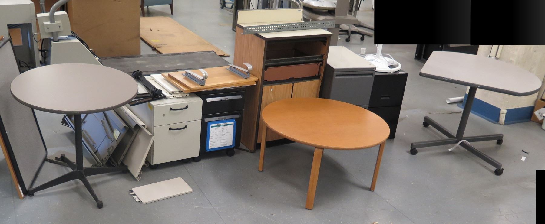 Multiple Tables, 2-Drawer File Cabinets, Organizer, Fan, etc