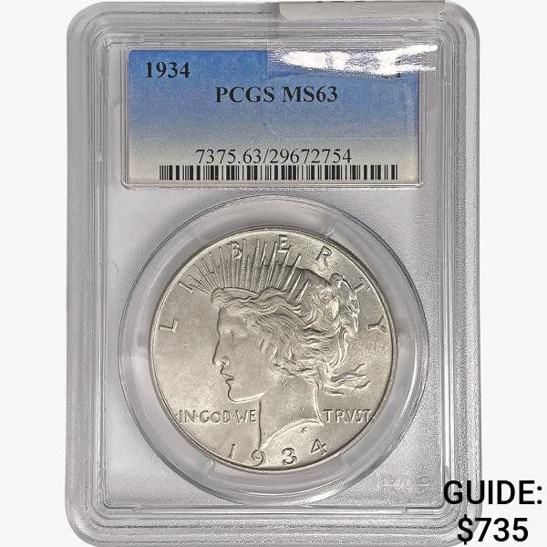 1934 Silver Peace Dollar PCGS MS63