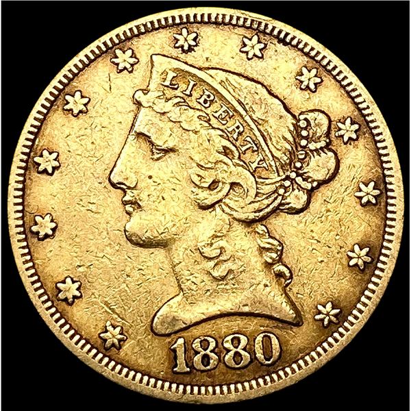 1880 $5 Gold Half Eagle LIGHTLY CIRCULATED
