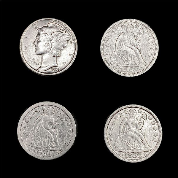 [4] Varied US Dimes (1850, 1854, 1855, 1926-D) LIG