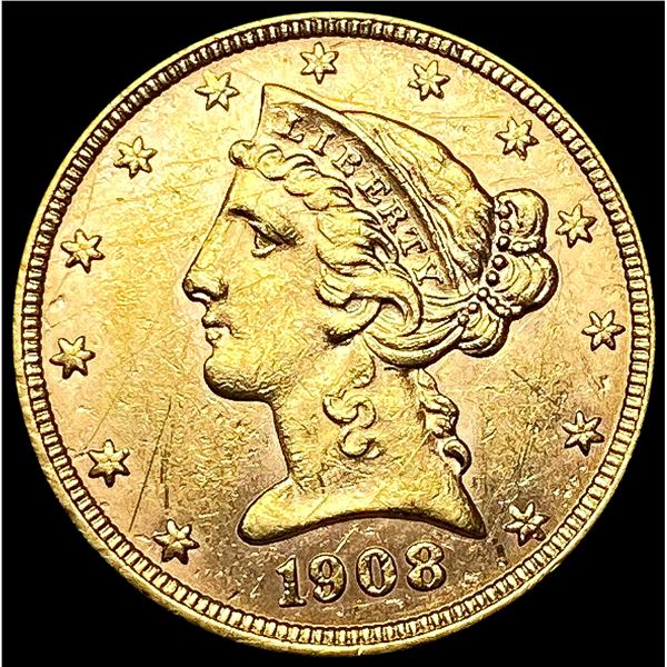 1908 $5 Gold Half Eagle CLOSELY UNCIRCULATED