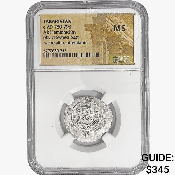 780-793 AD Tarbaristan Silver Hemidrachm NGC MS