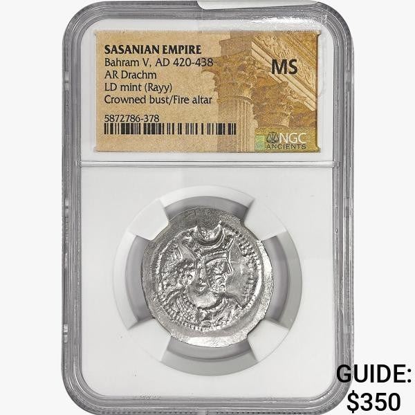 420-438 AD Sasanian Empire Silver Drachm NGC MS