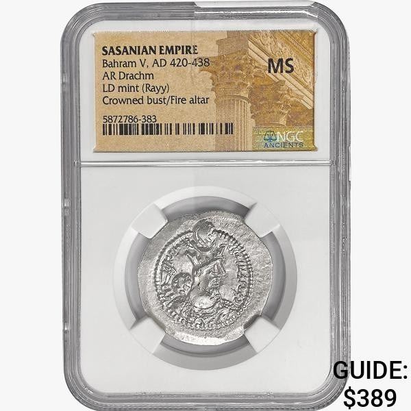 420-438 AD Sasanian Empire Silver Drachm NGC MS