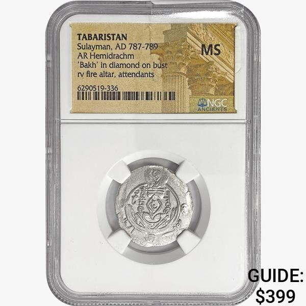 787-789 AD Tabaristan Silver Hemidrachm NGC MS