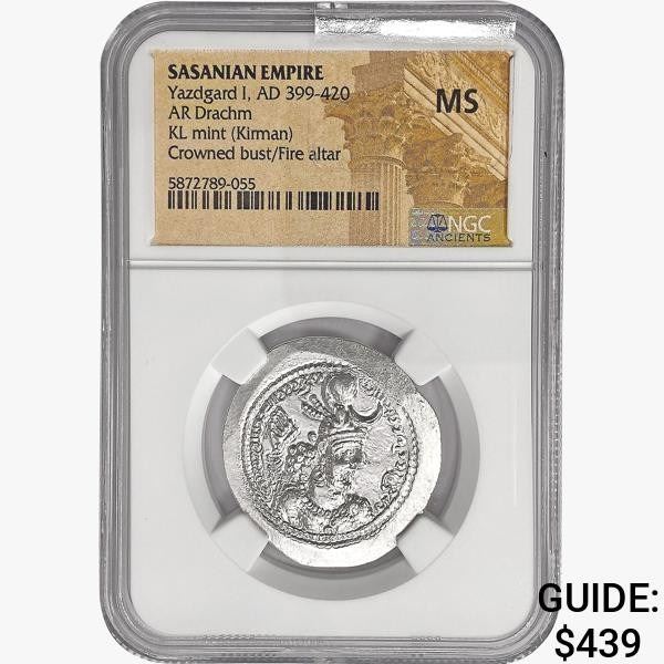 399-420 AD Sasanian Empire Silver Drachm NGC MS