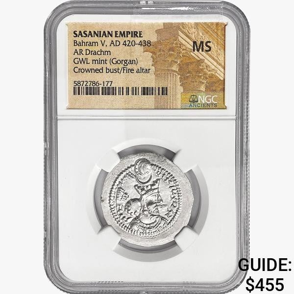 420-438 AD Sansanian Empire Silver Drachm NGC MS
