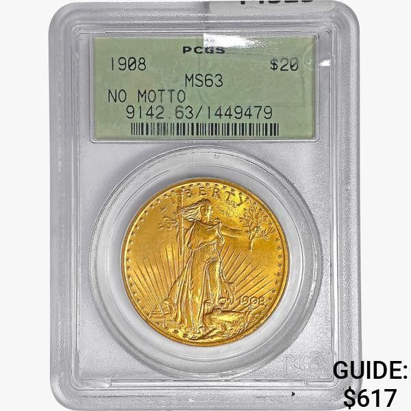 1908 $20 Gold Double Eagle PCGS MS63 No Motto