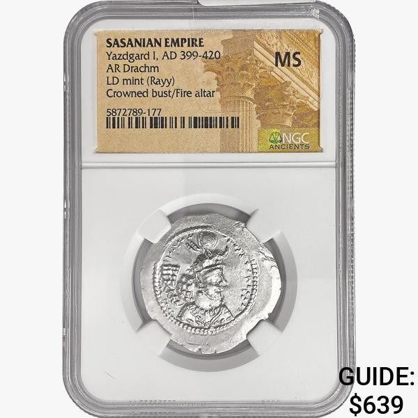 399-420 AD Sasanian Empire Silver Drachm NGC MS