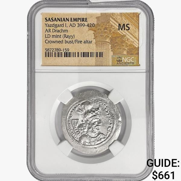 399-420 AD Sasanian Empire Silver Drachm NGC MS