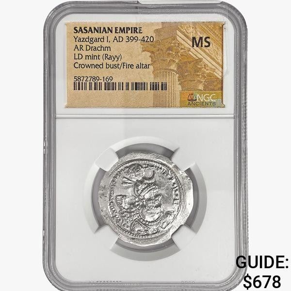 399-420 AD Sasanian Empire Silver Drachm NGC MS