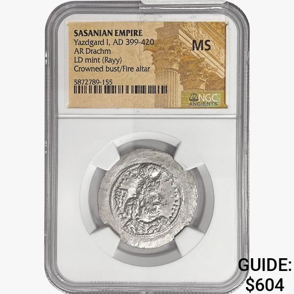 399-420 AD Sasanian Empire Silver Drachm NGC MS