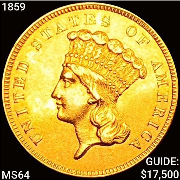 1859 $3 Gold Piece CHOICE BU