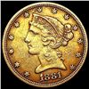 Image 1 : 1881 $5 Gold Half Eagle CLOSELY UNCIRCULATED
