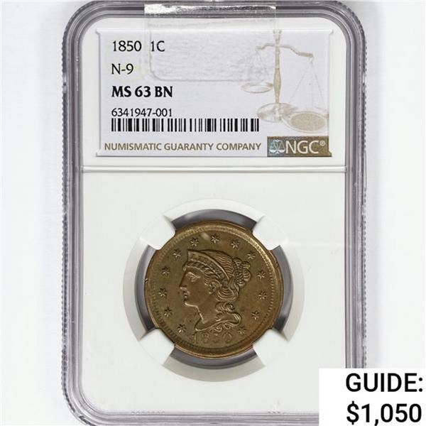 1850 Large Cent NGC MS63 BN, N-9